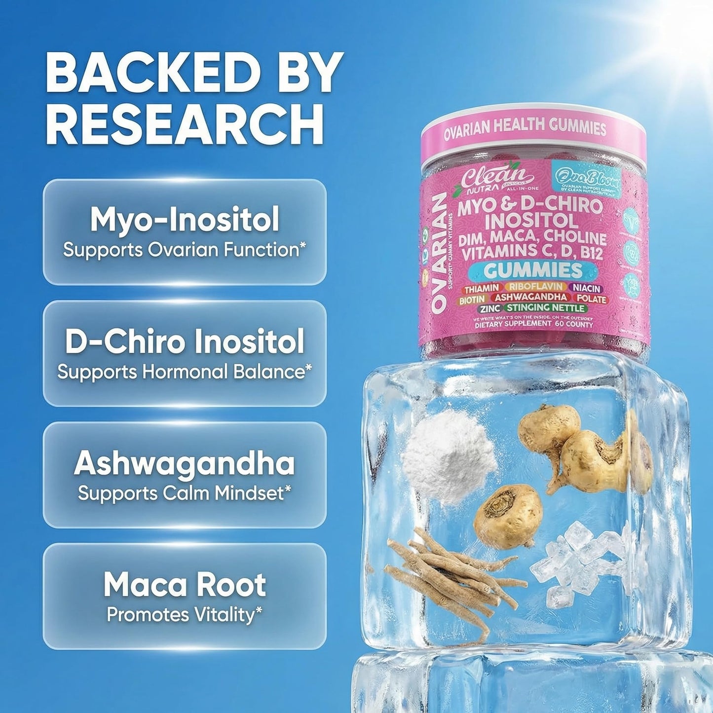 OVA Bloom Ovarian Support Gummies Myo Inositol D-Chiro Inositol Choline Flax Biotin Riboflavin Thiamin Niacin Ashwagandha DIM Maca Root Vitamin C D3 B12 Zinc 60 Count By Clean Nutra Clean NutraceuticalsBuy Supplements Australia