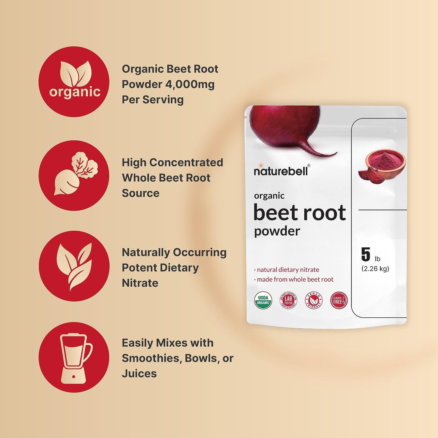 Organic Beet Root Powder 5Lbs | 4,000mg Per Serving – Concentrated Whole Beet Root NatureBellBuy Supplements Australia