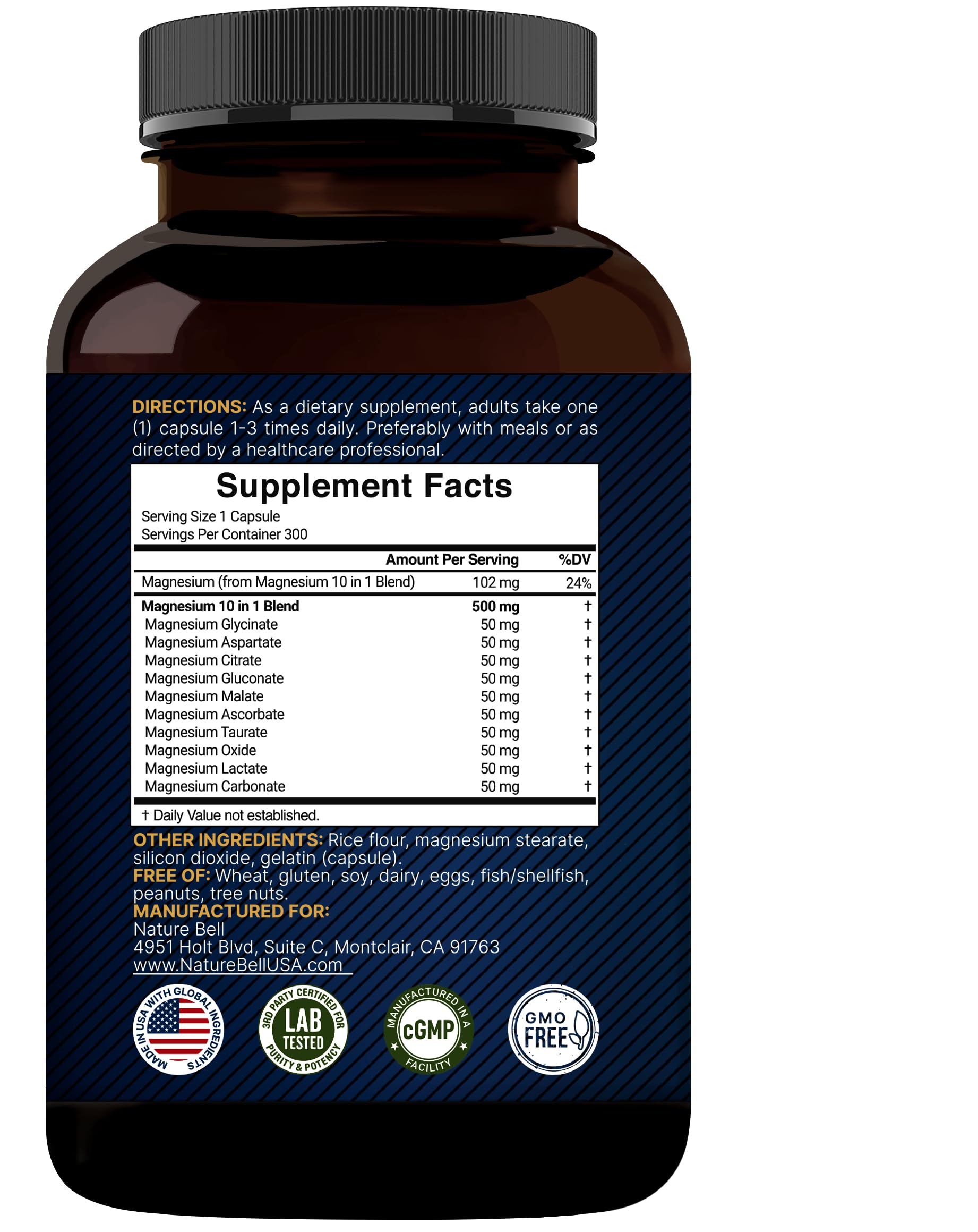 Magnesium Complex 500mg, 300 Capsules | 10-in-1 Magnesium Glycinate, Citrate, Malate & More | Chelated Form for Easy Absorption | Non-GMO NatureBellBuy Supplements Australia