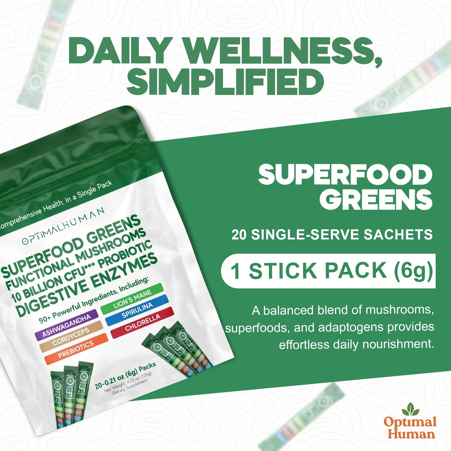 Optimal Human Superfood Greens Powder – 90+ Ingredient Blend with Lion’s Mane Supplement, Ashwagandha & Turmeric – Non-GMO, Soy-Free, Mushroom Supplements for Women – 20 Sachets O HBuy Supplements Australia