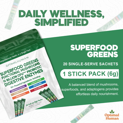 Optimal Human Superfood Greens Powder – 90+ Ingredient Blend with Lion’s Mane Supplement, Ashwagandha & Turmeric – Non-GMO, Soy-Free, Mushroom Supplements for Women – 20 Sachets O HBuy Supplements Australia