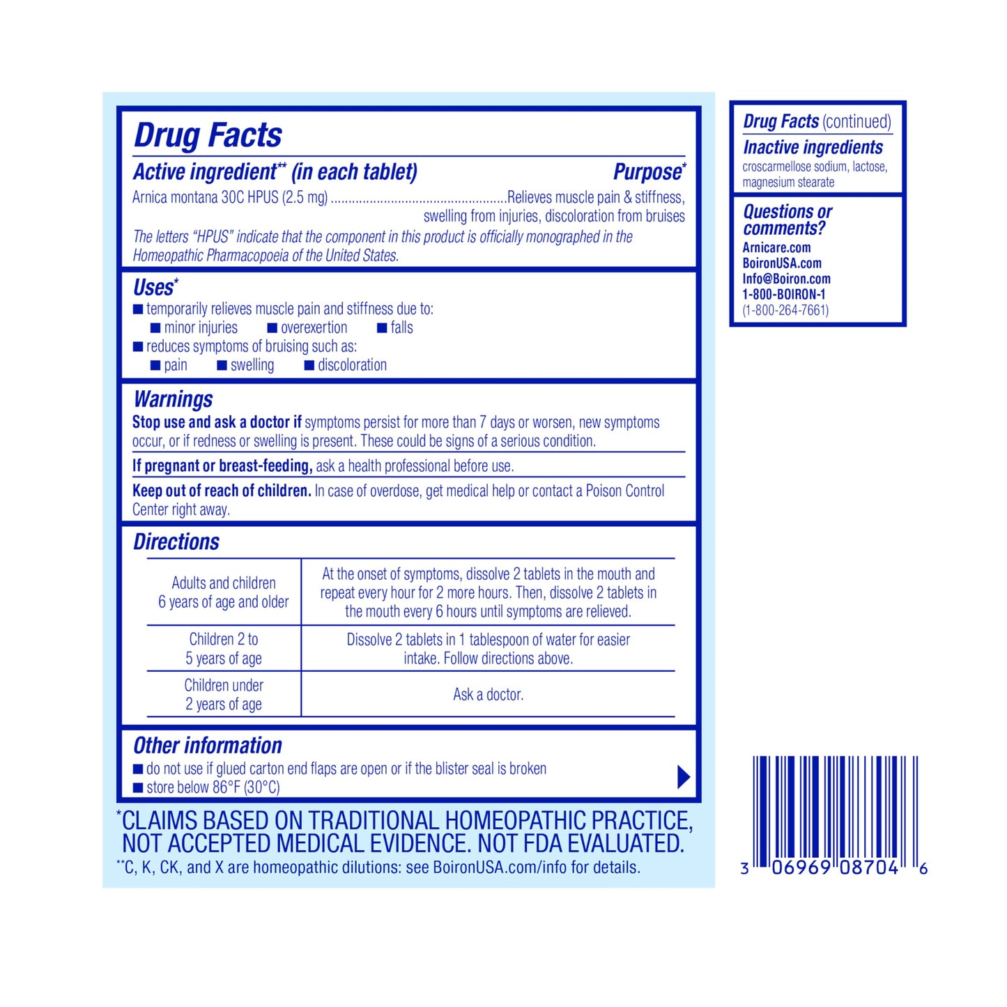 Boiron Arnica 30C Tablets for Pain Relief from Muscle Pain, Joint Soreness, Swelling from Injury or Bruises - 60 Count BoironBuy Supplements Australia