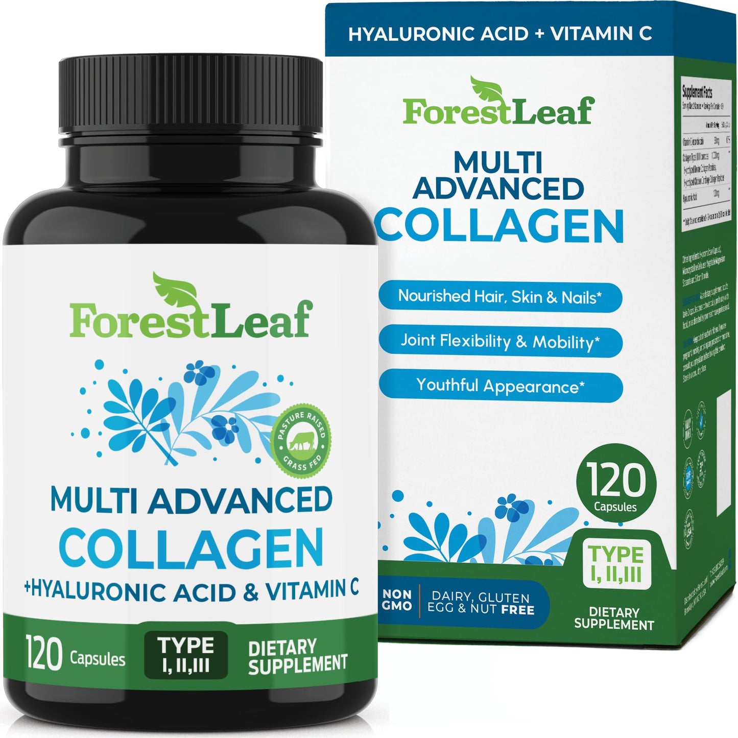 ForestLeaf Multi Collagen Pills with Hyaluronic Acid + Vitamin C | Hydrolyzed Collagen Supplements for Women or Men | Multi Collagen Capsules Peptides for Skin