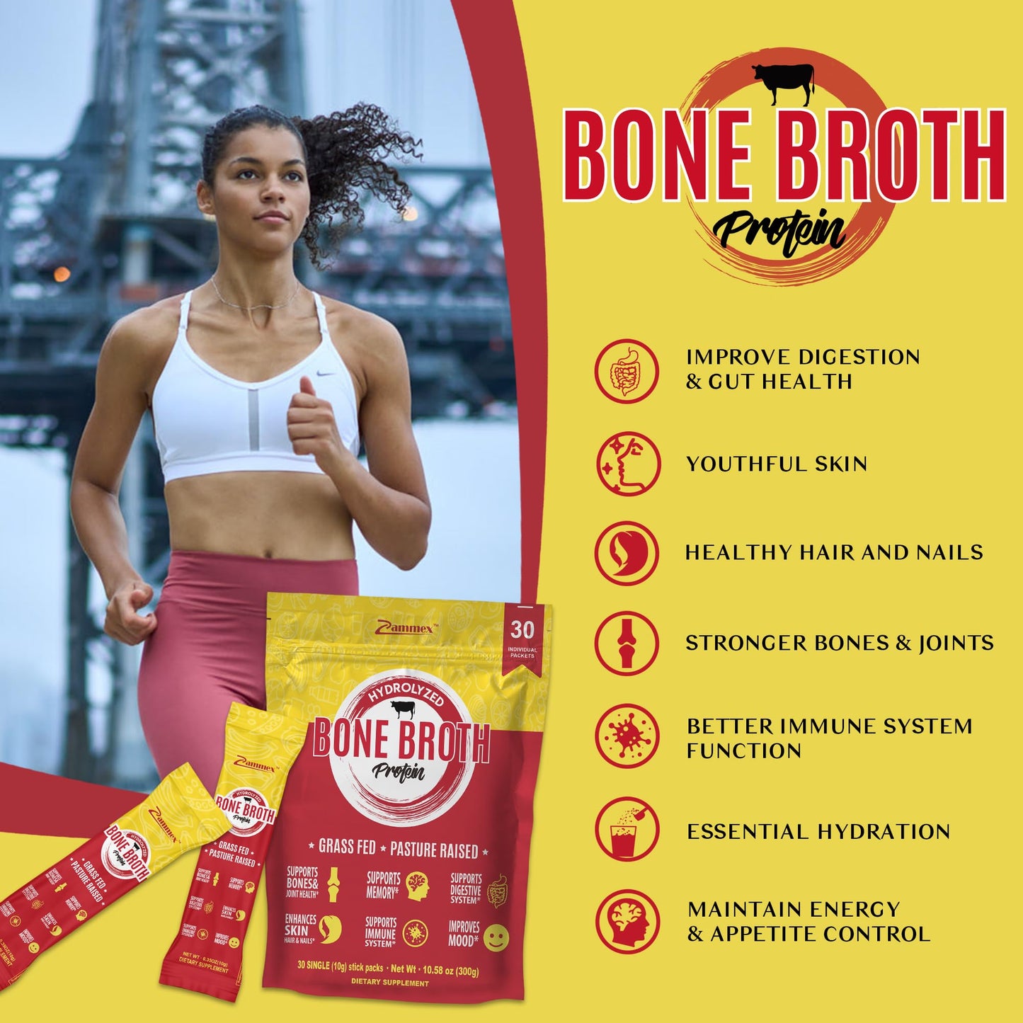 Zammex Bone Broth Packets-20g Collagen Protein-Beef Bone Broth Powder to Go-30 Travel ZammexBuy Supplements Australia