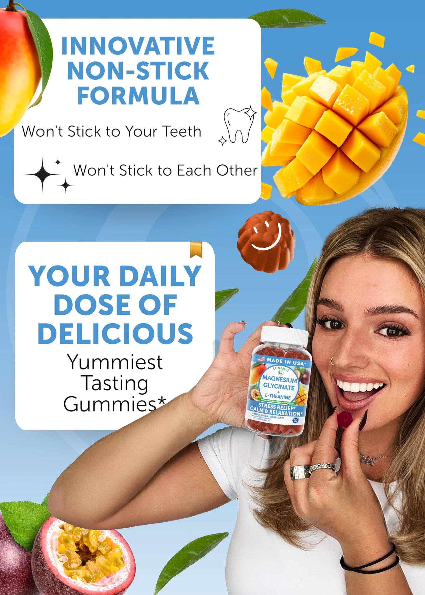 Lunakai USA Made Magnesium Glycinate Gummies with L-Theanine for Kids & Adults – 420mg Magnesium Supplement for Calm