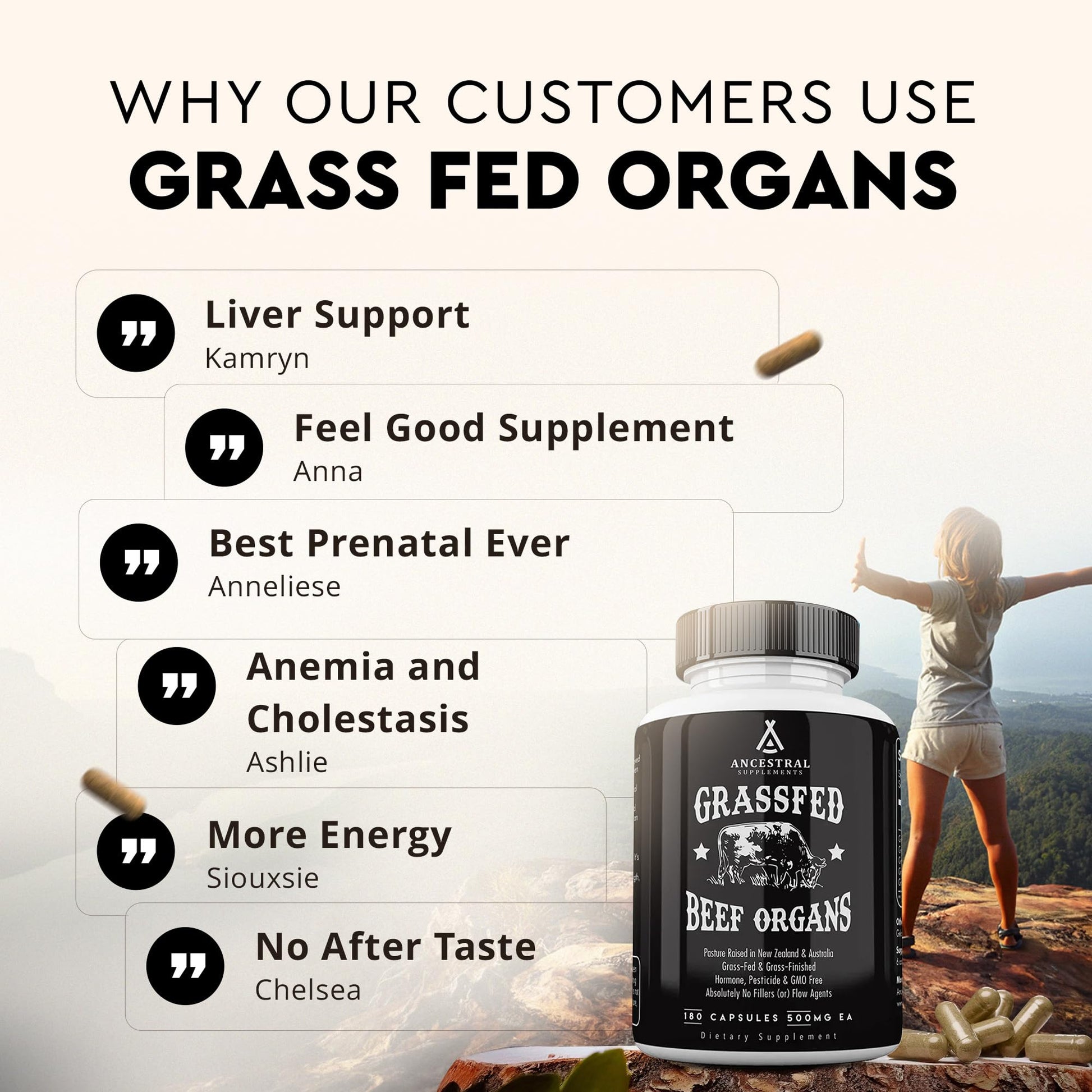 Ancestral Supplements Grass Fed Beef Organ Supplement, Supports Whole Body Wellness with Proprietary Blend of Liver, Heart, Kidney, Pancreas, Spleen, Freeze-Dried Beef, Non-GMO, 180 Capsules Ancestral SupplementsBuy Supplements Australia