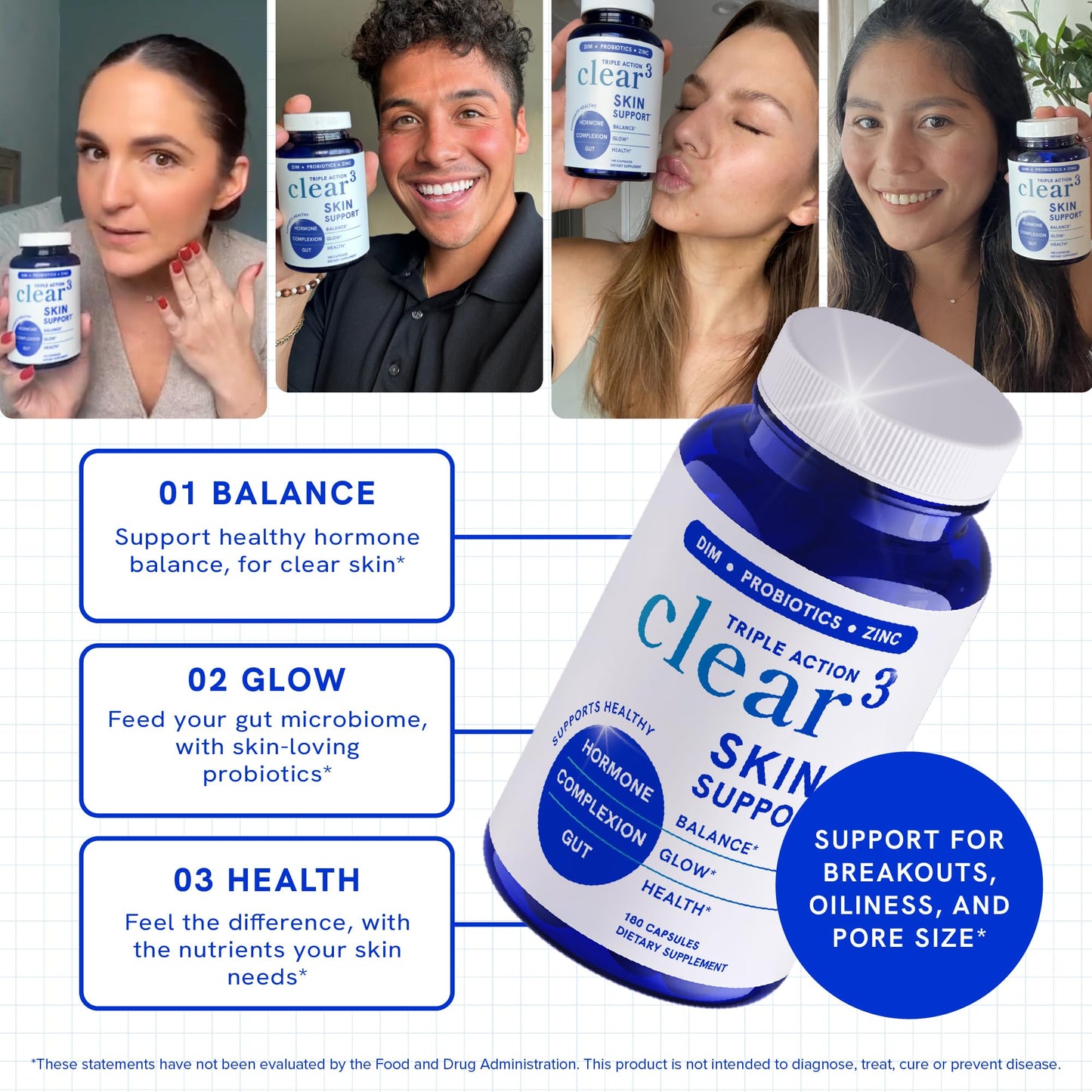 Clear Skin Supplement with Zinc, DIM & Probiotics | 3-in-1 Balance, Glow & Health Skin Support | Triple Action Hyaluronic Acid, Niaciminide & Vitamins for Hormone, Complexion & Gut Support | 180 Ct SMNutritionBuy Supplements Australia
