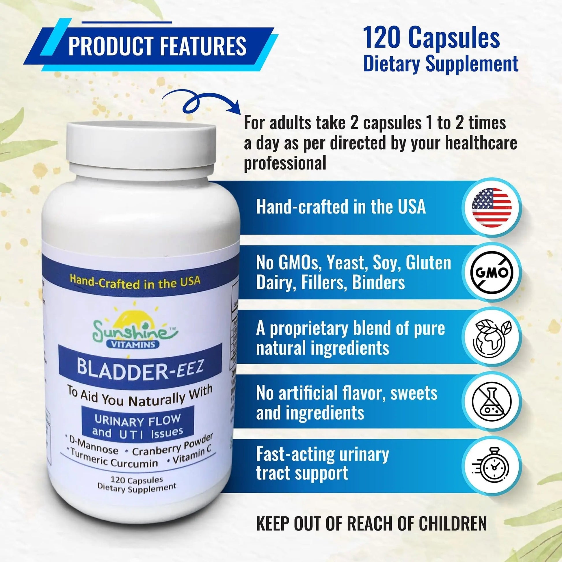 Sunshine Vitamins Bladder-EEZ | All-Natural Bladder Infection UTI Relief Support for Women with D-Mannose | Urinary Tract Infection Health with Immune System Support (1 Bottle of 120 Capsules) Sunshine VitaminsBuy Supplements Australia