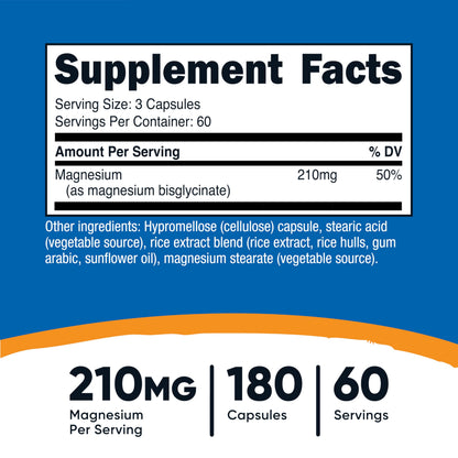 Nutricost Magnesium Glycinate Capsules (180 Capsules, 210 mg Per Serving) - Magnesium Glycinate Supplement for Gentle Absorption