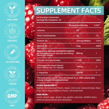 90 Count Magnesium Glycinate Gummies 400 mg - Sugar Free Magnesium Supplement for Adults with Glycinate & Malate, L-Theanine, Ashwagandha, Zinc, Vitamin B6 & D3, Supports Relaxation & Sleep AFXMATEBuy Supplements Australia