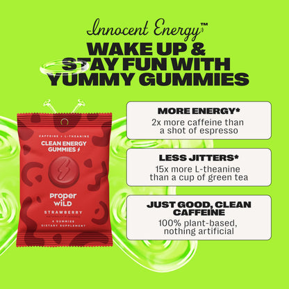 Proper Wild Energy Chews & Gummies for Focus & Clean Energy, Vegan with L-Theanine & Organic Caffeine, Plant-Based, Gluten-Free, Non-GMO, Strawberry (10-Pack) Proper WildBuy Supplements Australia