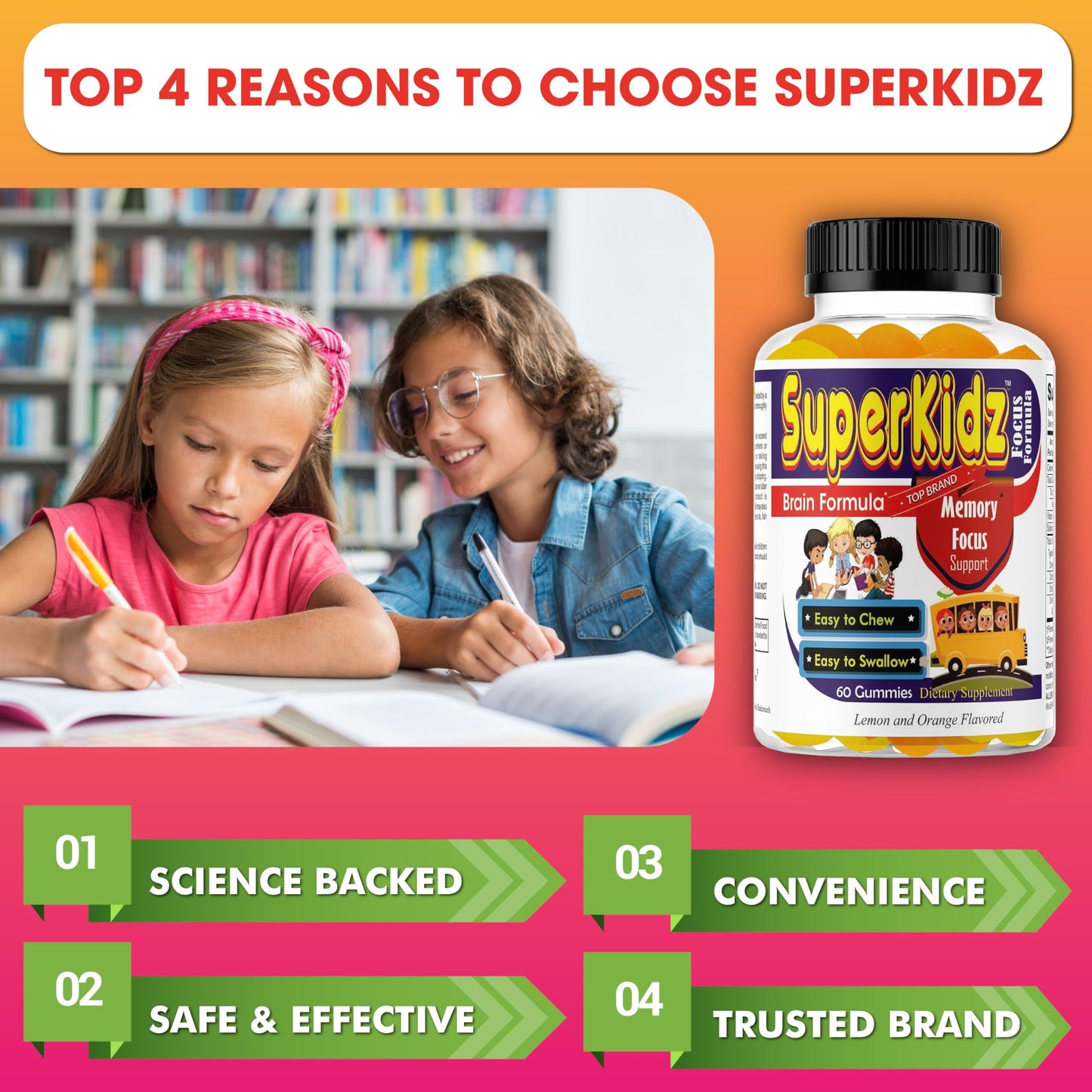 Superkids Focus Gummies for Kids, Omega 3 Gummy Kids Focus and Attention Supplements, Teen Brain Focus Vitamins, Non-GMO Gummy Vitamins, Tasty Lemon & Orange, 60 Count Celebrity LifeStyle ProductBuy Supplements Australia