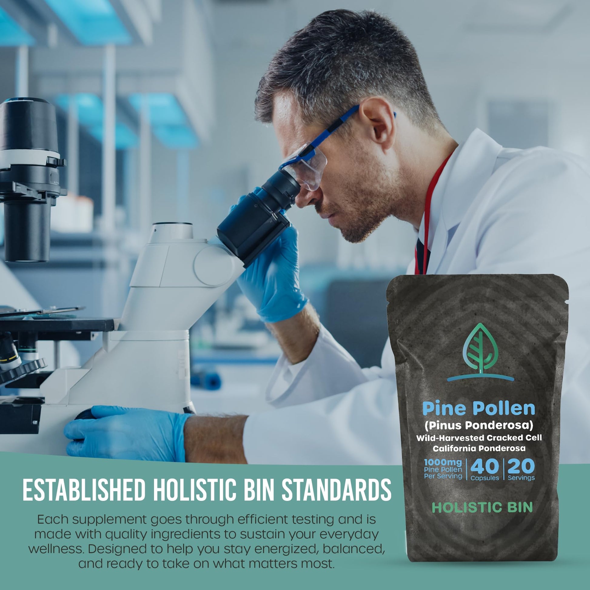 Holistic Bin Pine Pollen Capsules 500mg (Pinus Ponderosa) - Wild Harvested California Ponderosa Pine Pollen Powder - Olympic Grade - Organic, Non-GMO, No Fillers - 30 Day Supply (40 Capsules) Holistic BinBuy Supplements Australia
