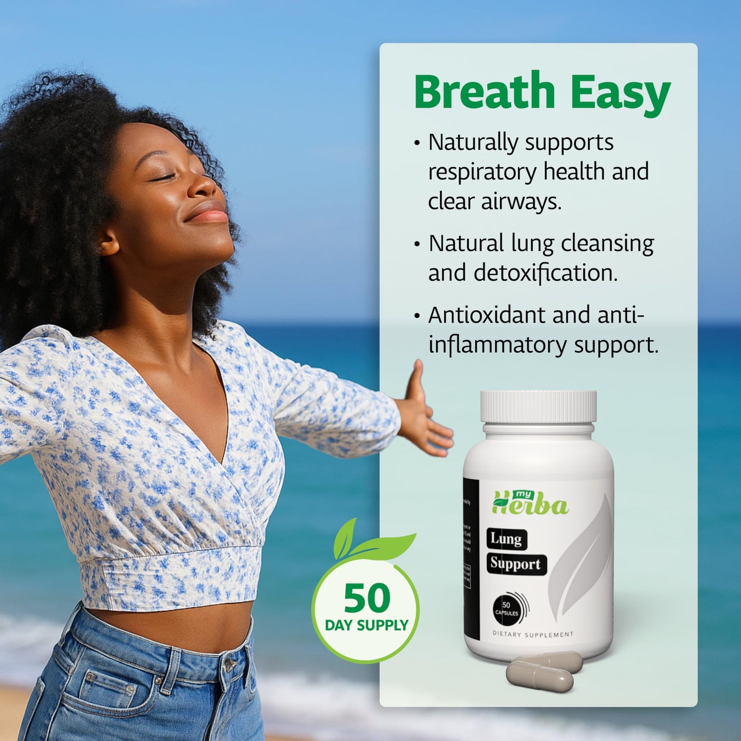 MyHerba Lung Support Supplement - Vegan Formula with Marshmallow Root, Chlorella, Ginkgo Biloba Leaf, Irish Sea Moss & PAU D’Arco - Deep Lung Cleanse, Detox and Immune Support for Adults, 50 Capsules MyHerbaBuy Supplements Australia