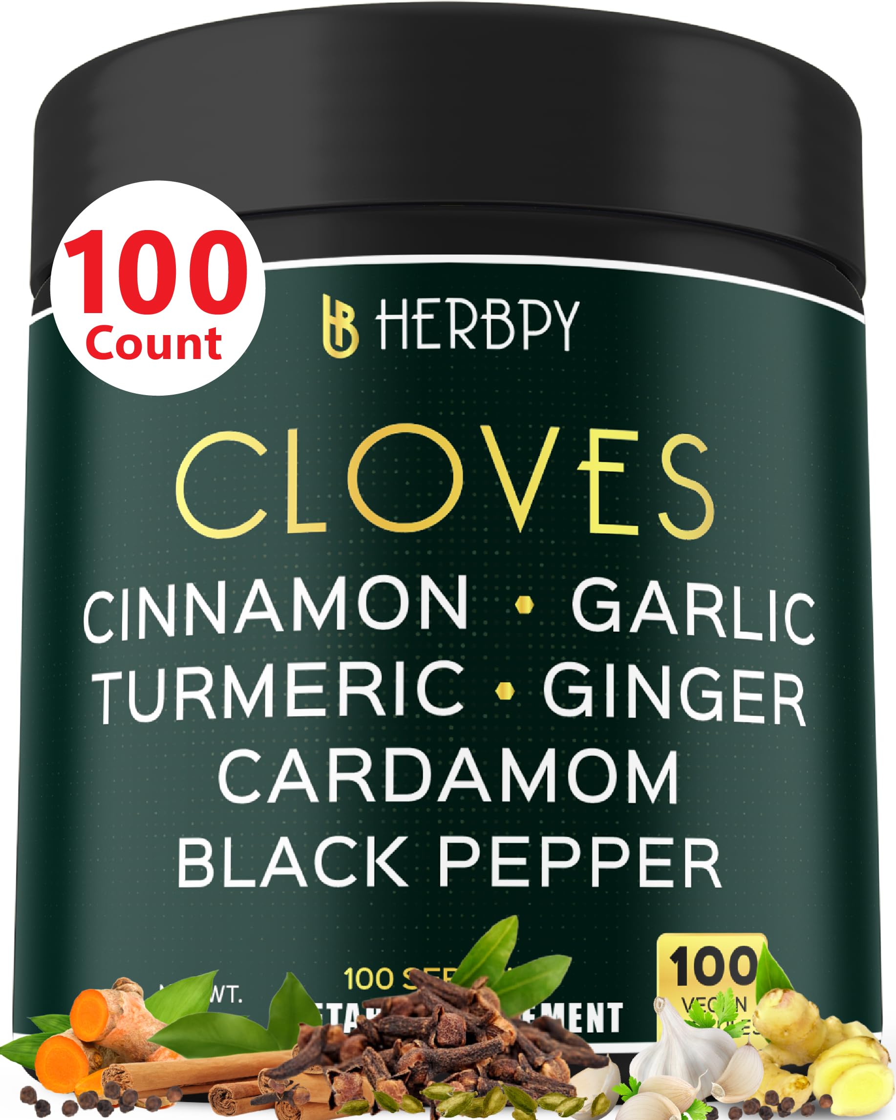 Herbpy 7in1 Clove Supplement Rich in Vitamins & Minerals Supports Digestion, Immune & Heart Health with Cinnamon, Turmeric, Ginger, Cardamom, Garlic & Black Pepper - 100 Vegan Capsules HerbpyBuy Supplements Australia