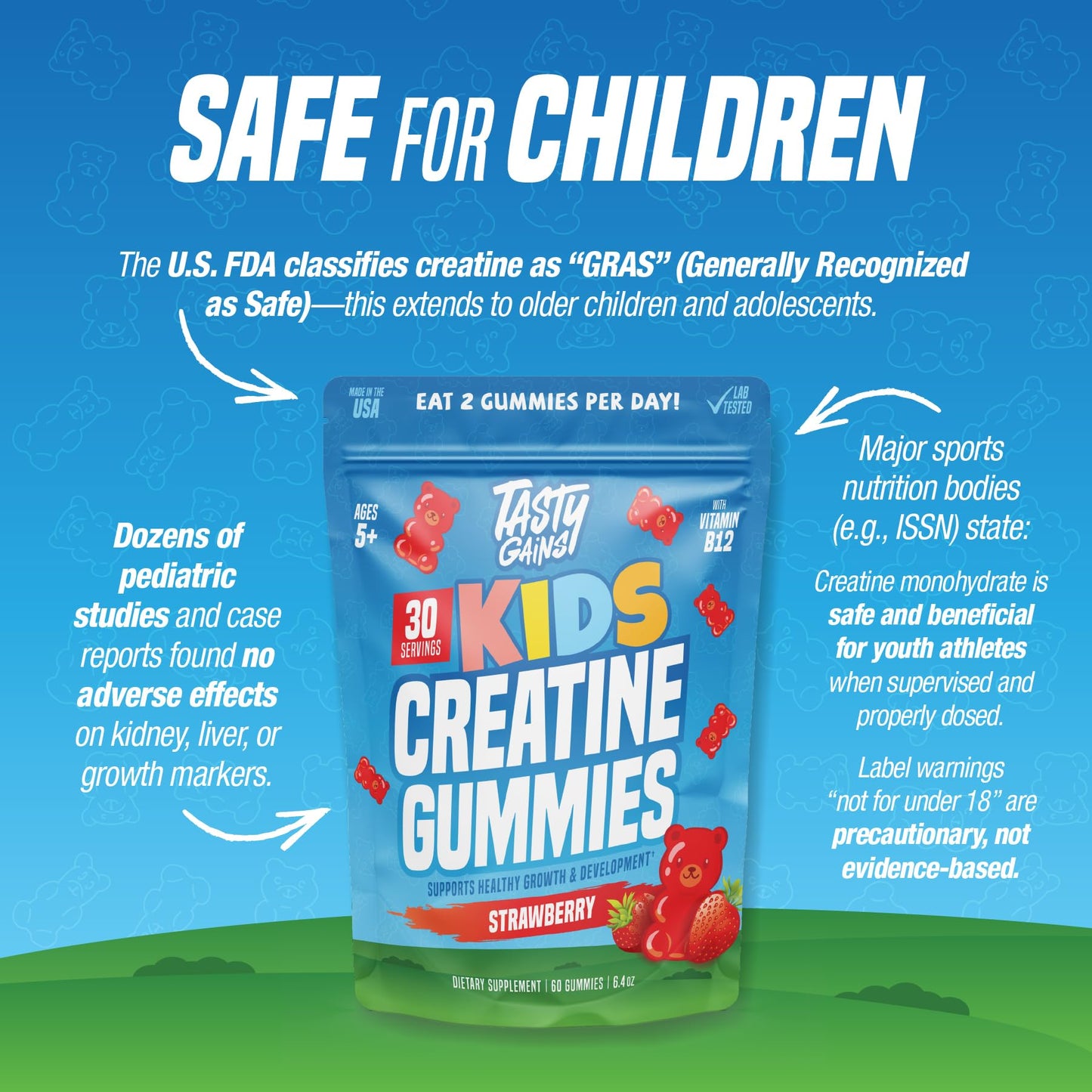 TASTY GAINS Kids & Teen Creatine Gummies with Vitamin B12 for Growth Support, Easy Chew Daily Supplement, Gummy Vitamins for Kids and Teens, Ages 5+ TASTY GAINSBuy Supplements Australia