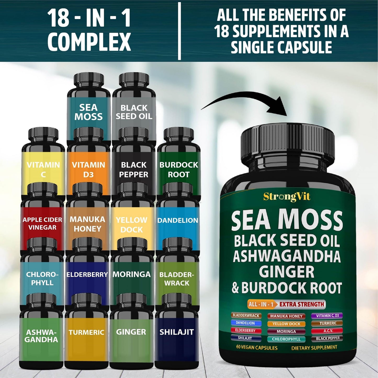 StrongVit Sea Moss Black Seed Oil Ashwagandha Ginger, Organic Sea Moss Capsules with Burdock Root, Irish Seamoss Pills with Bladderwrack, Advanced Multimineral Supplement, USA StrongVitBuy Supplements Australia