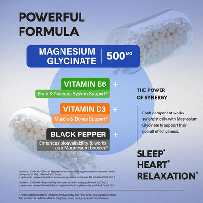 Magnesium Glycinate 500 mg - Chelated Supplement - High Absorption Form of Magnesium - Support for Sleep, Muscle & Heart Health