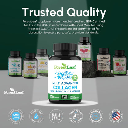 ForestLeaf Multi Collagen Pills with Hyaluronic Acid + Vitamin C | Hydrolyzed Collagen Supplements for Women or Men | Multi Collagen Capsules Peptides for Skin