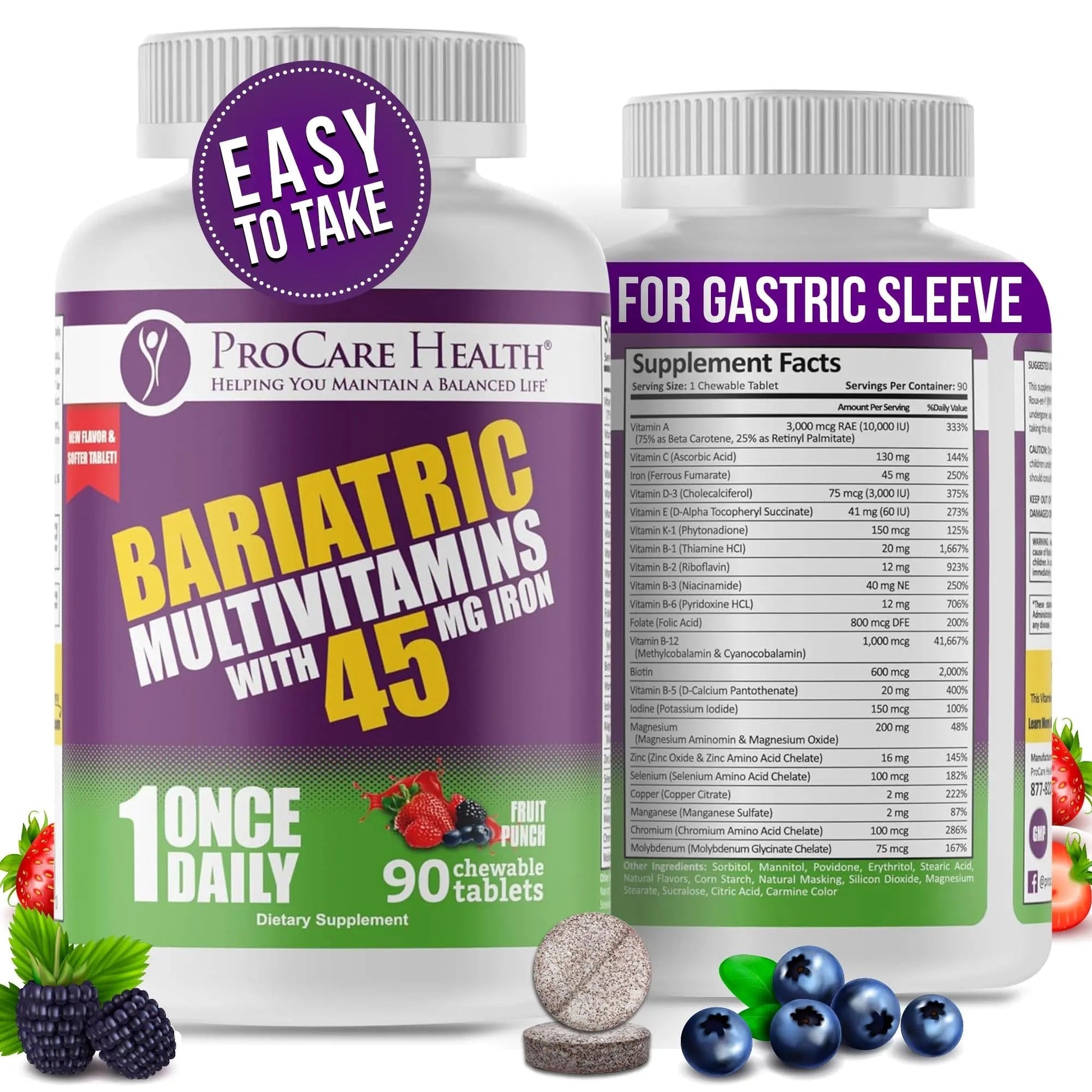 Procare Health Bariatric Multivitamin with Iron 45mg Chewable (90 Tablets) - Fruit Punch Flavor Bariatric Multivitamin Chewable Pills for Gastric Bypass ProCare HealthBuy Supplements Australia