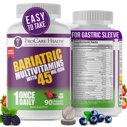 Procare Health Bariatric Multivitamin with Iron 45mg Chewable (90 Tablets) - Fruit Punch Flavor Bariatric Multivitamin Chewable Pills for Gastric Bypass ProCare HealthBuy Supplements Australia