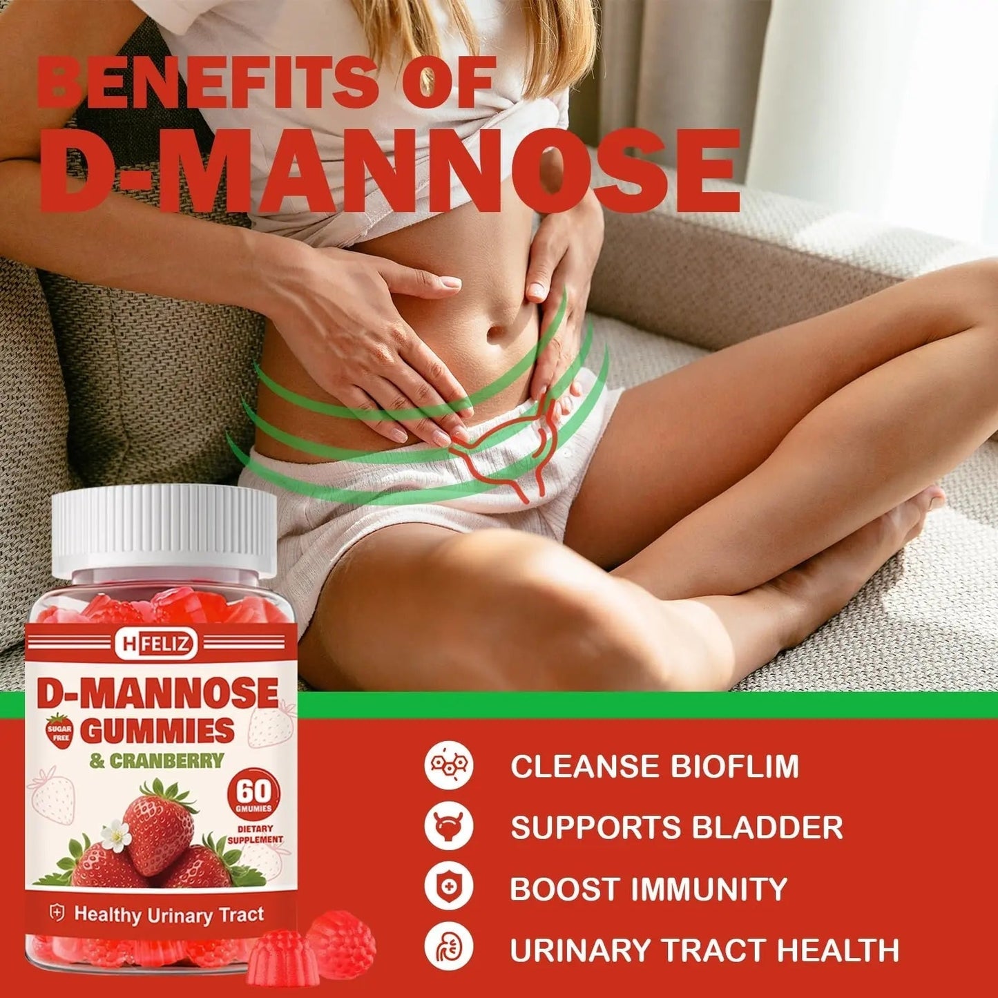 HFELIZ D Mannose with Cranberry Gummies, D-Mannose Supplements 1300mg for Women, Support Natural Urinary Tract & Bladder Health, Sugar-Free, 60 Count HFELIZBuy Supplements Australia
