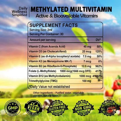 Multivitamin for Women & Men, Methylated Multivitamins & Multiminerals liquid Drops with Methylfolate B12 B2 Vitamin C E D3 K2 GLOVVUUP