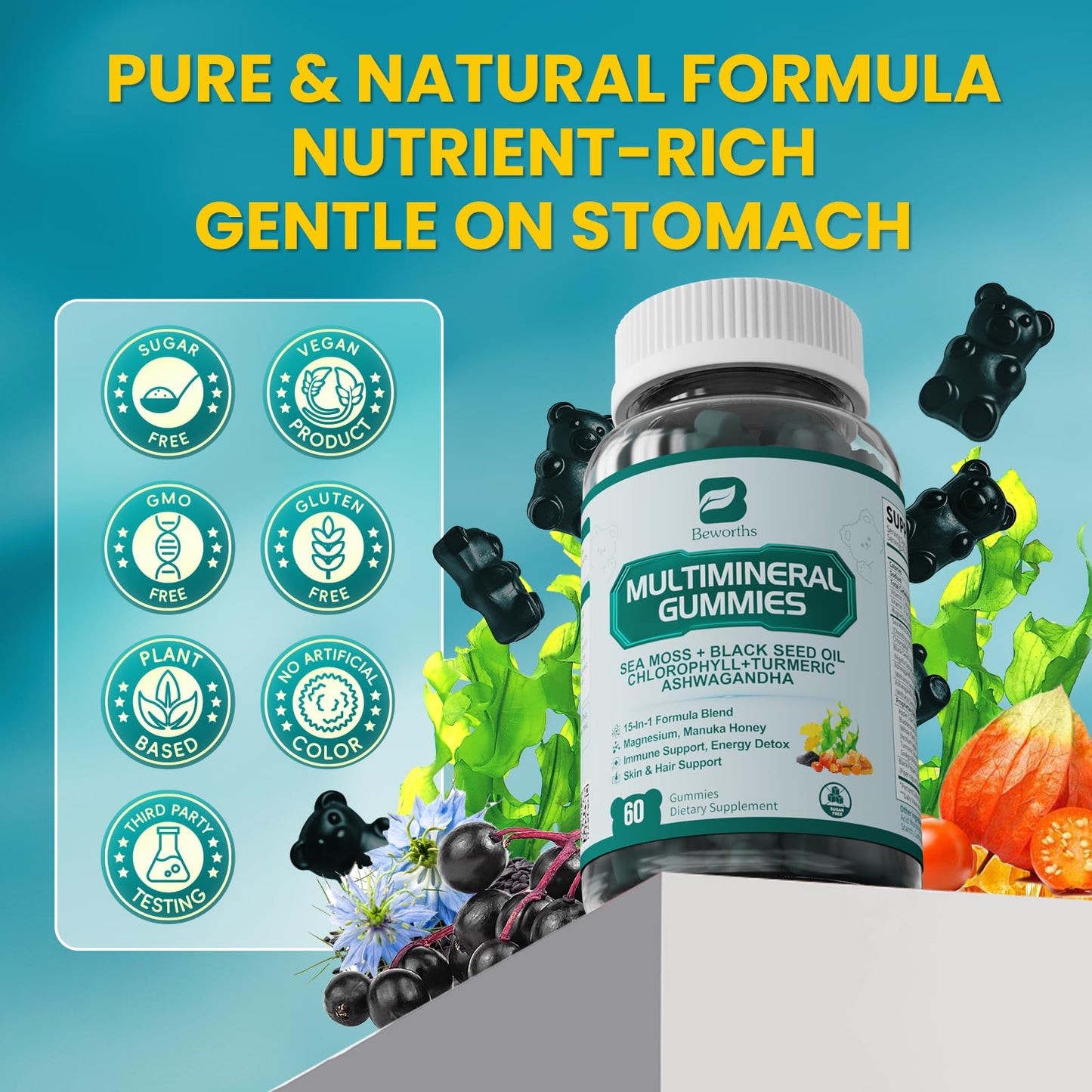 Sea Moss Gummies with Ashwagandha & Chlorophyll, Immune, Digestive and Gut Detox Support, Powered by Black Seed Oil, Vitamin C, Vitamin D & Magnesium, GMO, Vegan, Apple Flavor, 60 SeaMoss Gummies B BEWORTHSBuy Supplements Australia
