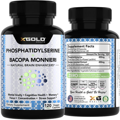 PhosphatidylSerine & Bacopa Monnieri 800 mg 2 in 1 Supplement - Natural Brain Enhancer/Nootropic for Enhanced Focus and Concentration, Memory Support, & Cognitive Function - 120 Vegetarian Capsules X Gold HealthBuy Supplements Australia