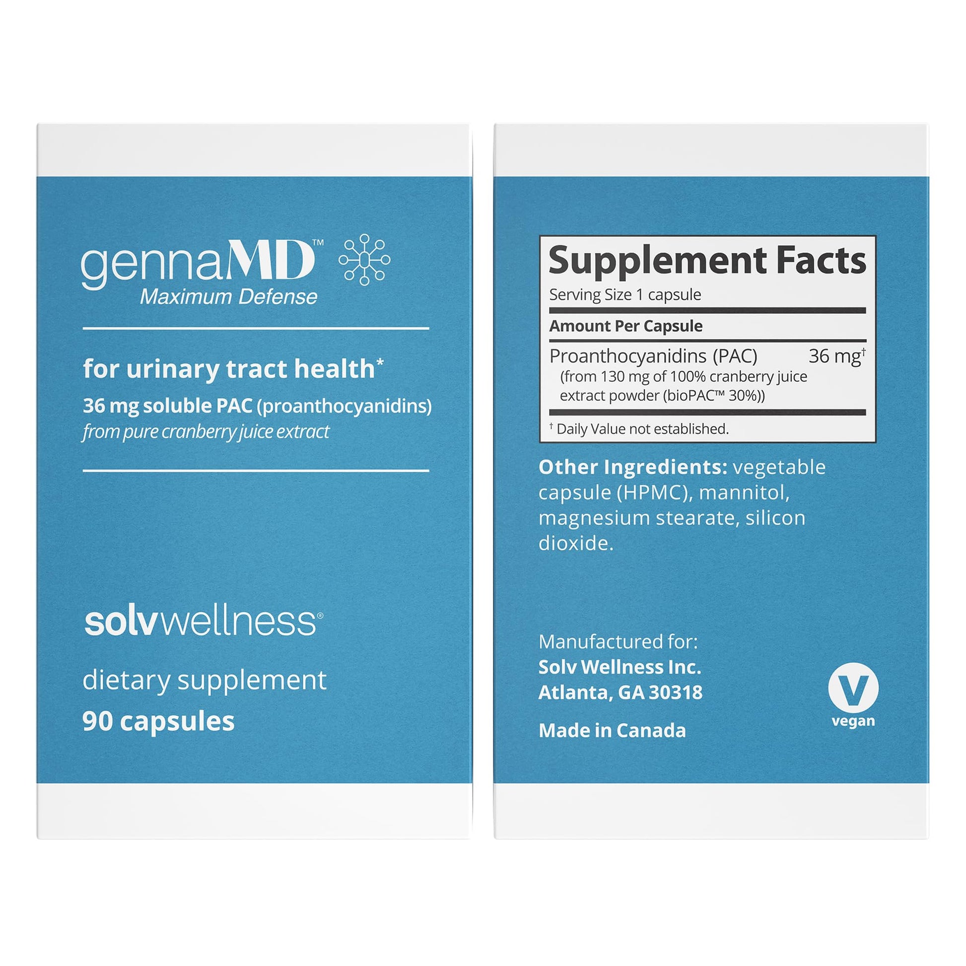 Solv Wellness GennaMD - Maximum UTI Defense - 36 mg Soluble PAC from 100% Cranberry Juice Extract - Highest PAC Concentration in a Small, Easy-to-Swallow Capsule - 90 Capsules Solv WellnessBuy Supplements Australia