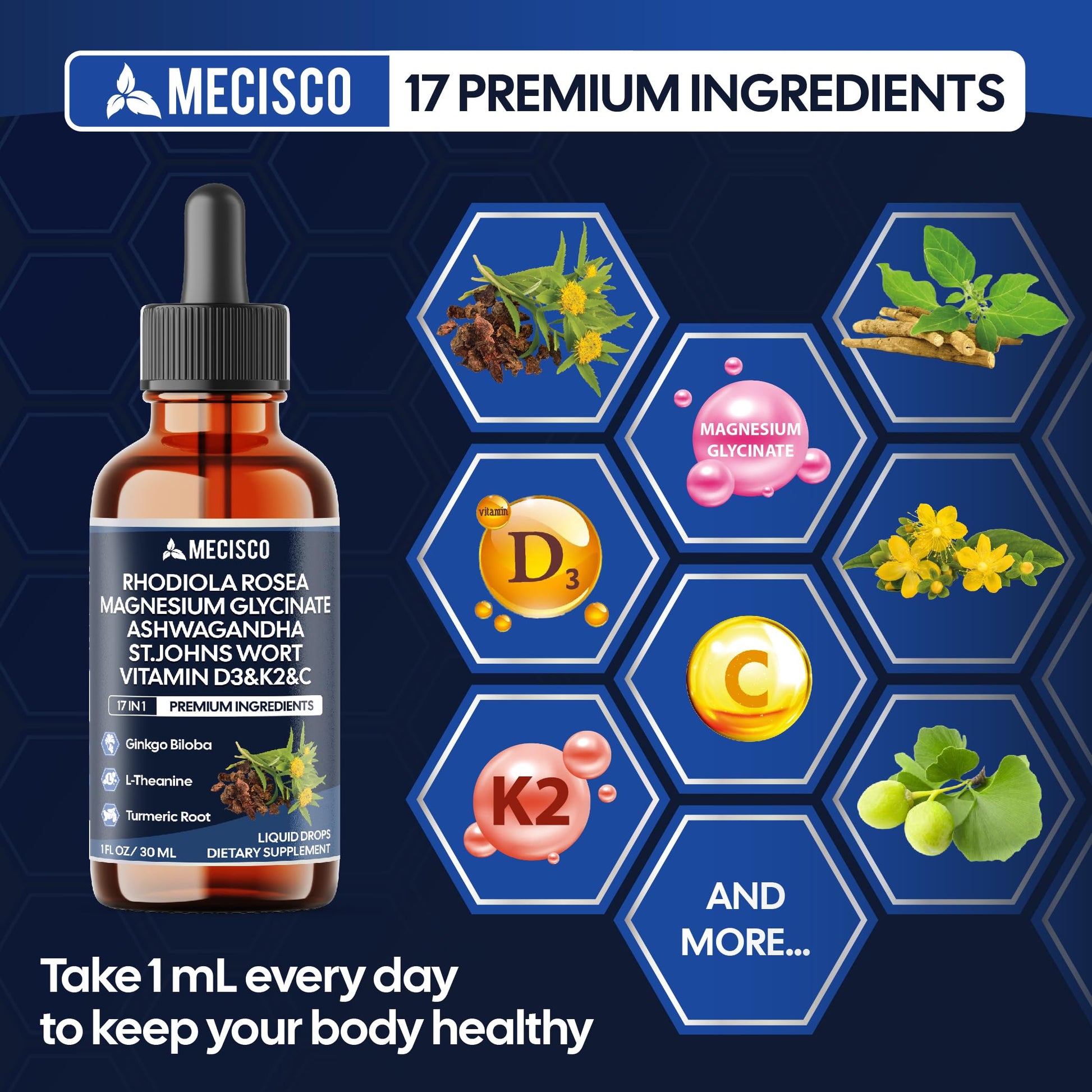 17in1 Rhodiola Rosea Liquid Drops with blend Ashwagandha Magnesium, L-Theanine. Ultra Strength Rhodiola Cortisol Supplement, Rhodiola Root for Support Relaxation, Mood, Energy - 1 FL Oz - 60 Day MeciscoBuy Supplements Australia