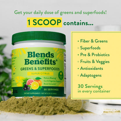 360 Nutrition Blends with Benefits Super Greens Powder w/Probiotics, Digestive Enzymes, Sugar & Gluten Free, Plant Based Superfood Drink Mix for Gut Health, Bloating, Immunity, Overall Health, 6.35 oz 360 NutritionBuy Supplements Australia