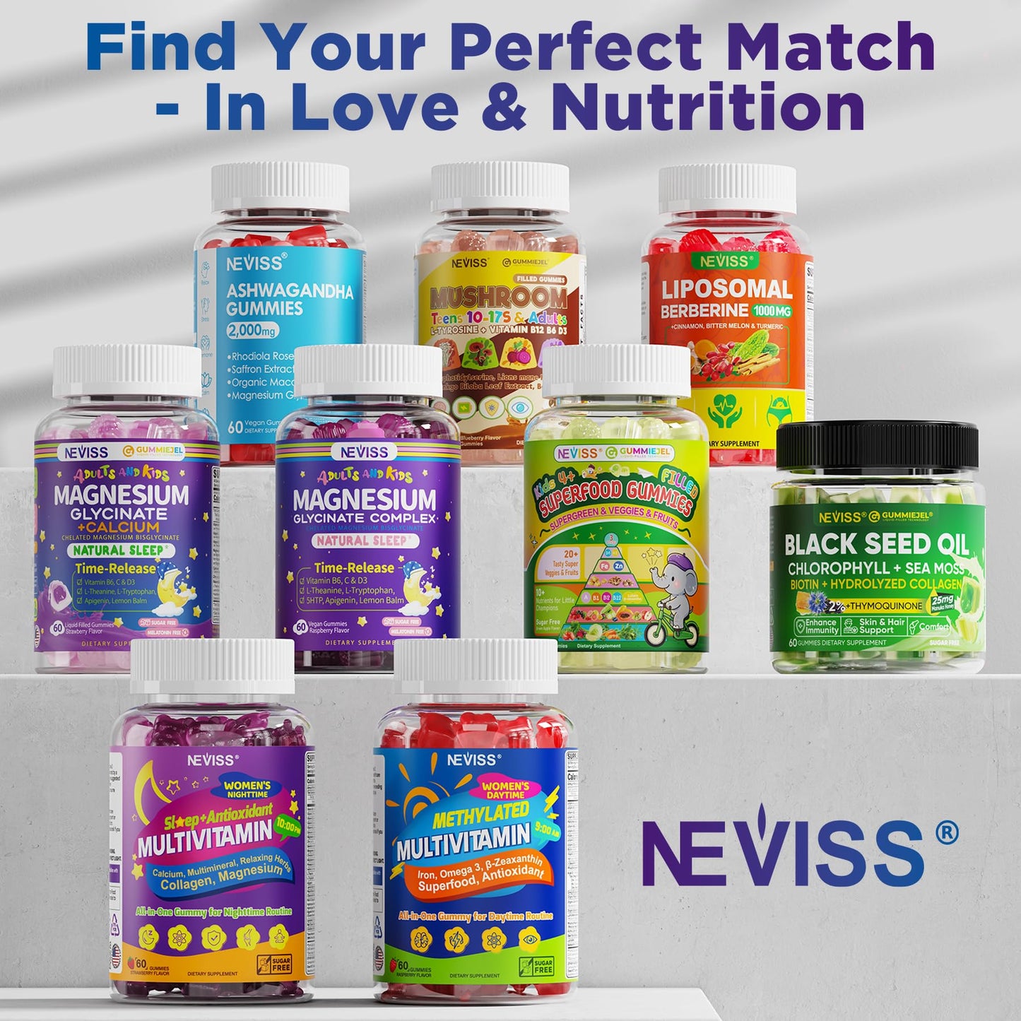 Neviss Magnesium Glycinate + Calcium Filled Gummies for Adults and Kids 4+, Kids Sleep Gummies Melatonin Free, Sugar Free Magnesium Supplement with B6 D3,