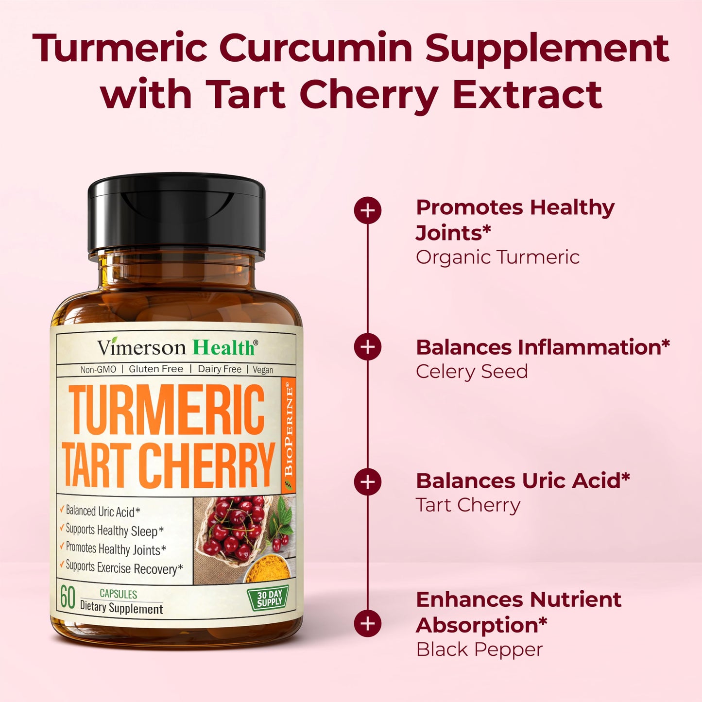 Turmeric Curcumin Supplement with 10:1 Tart Cherry Extract & Celery Seed Extract – Natural Uric Acid Balance, Joint Health & Sleep Aid – Turmeric Curcumin with Black Pepper – 60 Tart Cherry Capsules Vimerson HealthBuy Supplements Australia