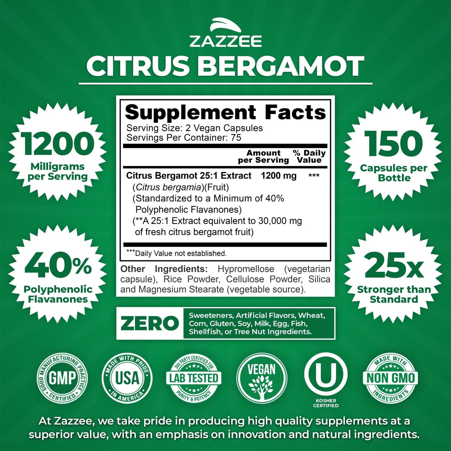 Zazzee Citrus Bergamot 25:1 Extract, 1200 mg Per Serving, 40% Polyphenolic Flavanones, 150 Vegan Capsules, 5 Month Supply, Citrus Bergamia, Antioxidant Support, Certified Kosher, Non-GMO, Made in USA ZazzeeBuy Supplements Australia