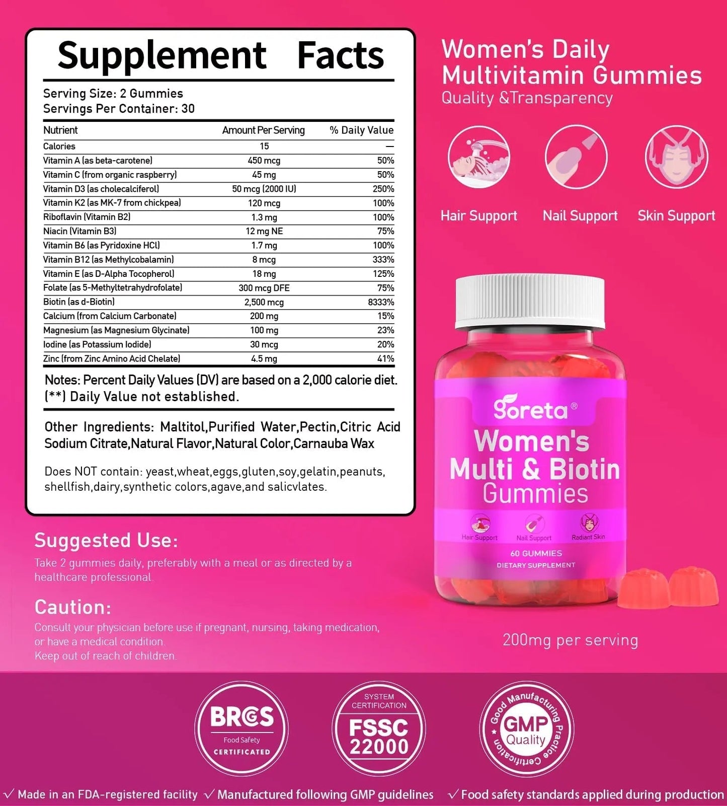 Goreta Women’s Multivitamin Gummies with Biotin 2,500 mcg – 15 Key Nutrients, Sugar-Free Mixed Berry, Pectin-Based, 60 Count GoretaBuy Supplements Australia
