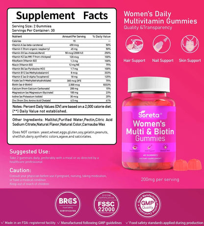 Goreta Women’s Multivitamin Gummies with Biotin 2,500 mcg – 15 Key Nutrients, Sugar-Free Mixed Berry, Pectin-Based, 60 Count GoretaBuy Supplements Australia