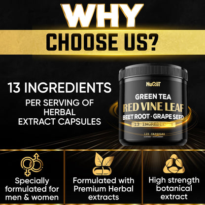 Red Vine Leaf Extract 15000mg Beet Root 3000mg Organic Green Tea 3000mg Supplement & More - Support Heart Health, Strength, Immune System & Body Management - 120 Vegan Capsules for 2-Month Supply NUQIITBuy Supplements Australia