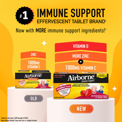 Vitamin C 1000mg (per serving) - Airborne Very Berry Effervescent Tablets (36 count in a box), Gluten-Free Immune Support Supplement, With Vitamins A C E, ZINC, Selenium, Echinacea & Ginger AirborneBuy Supplements Australia