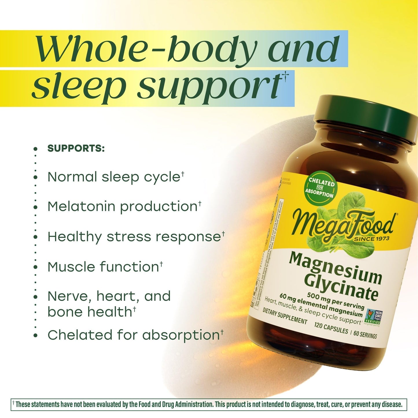 MegaFood Magnesium Glycinate 500mg - Chelated Magnesium Supplement - 60mg Elemental Magnesium - Gentle on the Stomach - Supports Normal Sleep Cycle & Healthy Stress Response - 120 Capsules 60 Servings MegaFoodBuy Supplements Australia