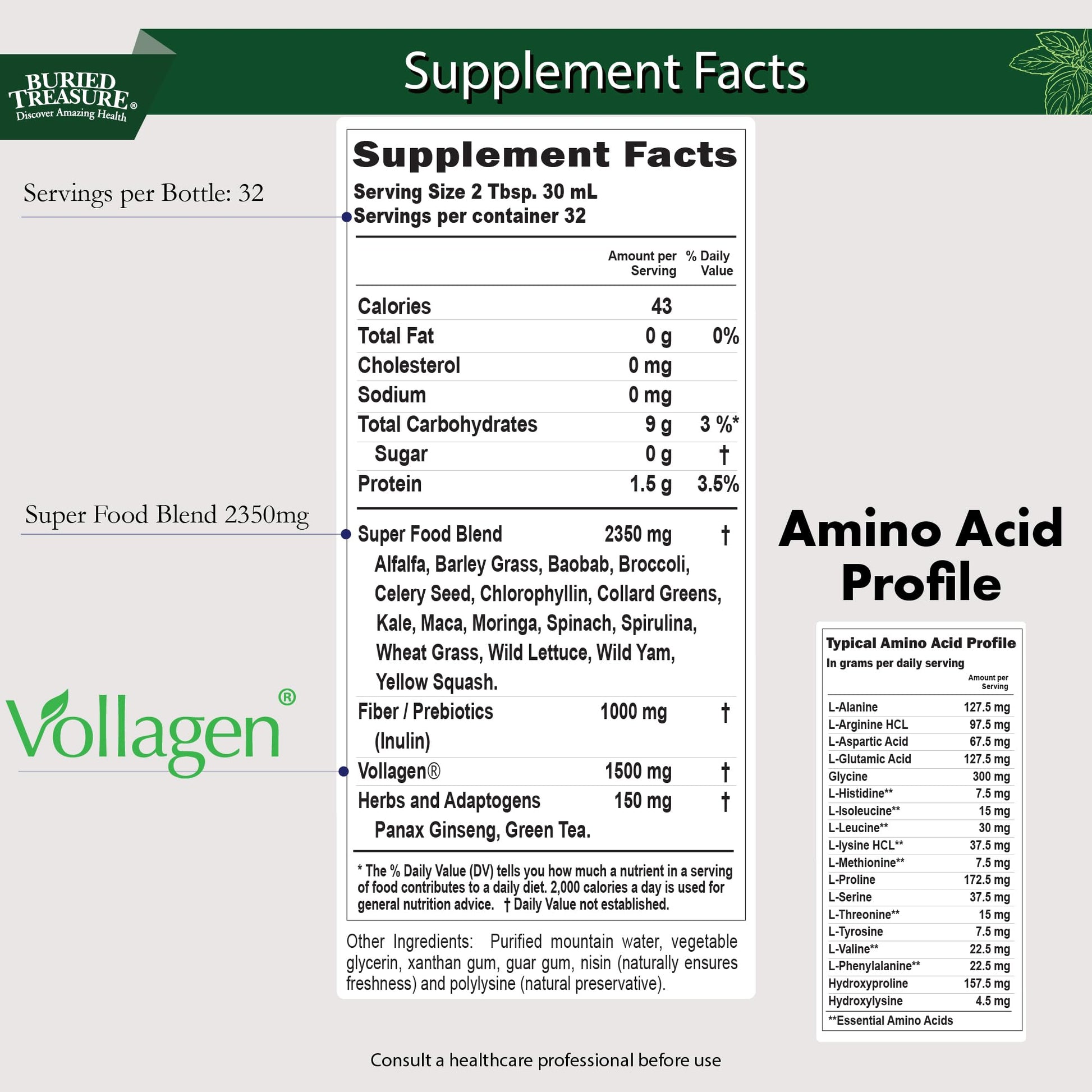 Buried Treasure Green20 Fusion – Superfood Blend with Vollagen for Skin, Hair, and Joint Support, Plant-Based, Vegan, Non-GMO Gluten-Free, Dairy-Free, Soy-Free, 32oz Liquid Buried TreasureBuy Supplements Australia