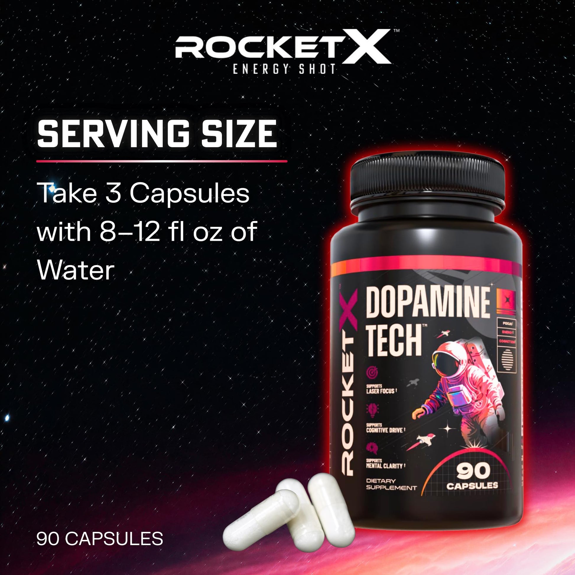 RocketX Dopamine Tech Brain Food Supplement, with L-Tyrosine and B Vitamins for Focus, Mental Clarity and Cognitive Drive, Vegan Capsules, 90 Capsules RocketX EnergyBuy Supplements Australia