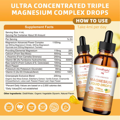 GREENPEOPLE Magnesium Glycinate Liquid Drop - 17-in-1 4Fl. Oz Triple Magnesium Complex Supplement with Glycinate 400mg & Citrate 500mg Taurate/L-Theanine for Calm Mood/Muscle/Sleep,Pineapple Flavor GREENPEOPLEBuy Supplements Australia