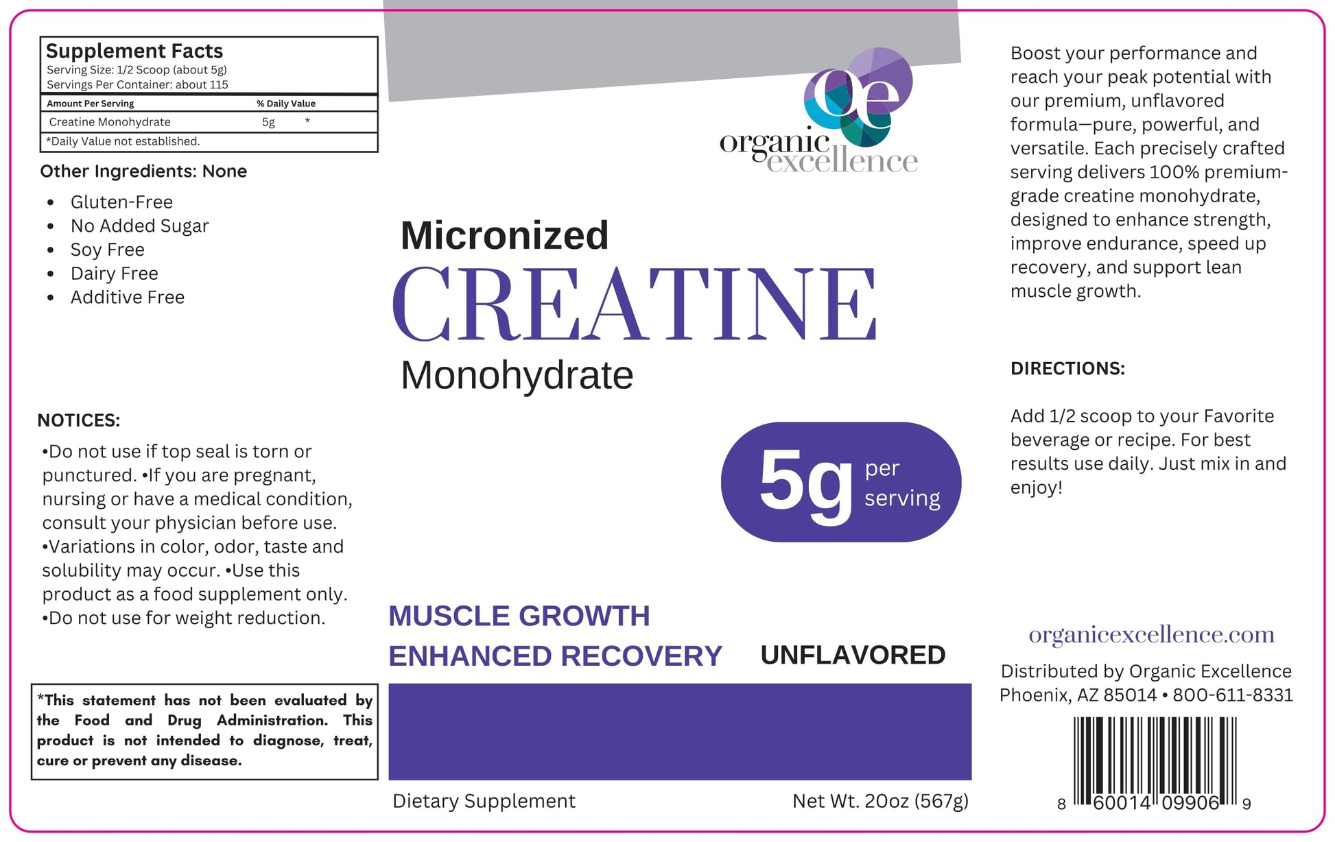 Organic Excellence Creatine Monohydrate – Micronized Creatine Powder for Muscle Growth, Strength & Recovery – Unflavored, 115 Servings Organic ExcellenceBuy Supplements Australia