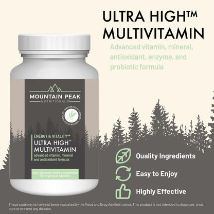 Mountain Peak Nutritionals Ultra High Multivitamin for Men & Women - with Vitamins A, B12, B6, C, D, E, Magnesium, Zinc, Folic Acid, Digestive Enzymes & Probiotics (180 Vegetarian Capsules) Mountain Peak NutritionalsBuy Supplements Australia
