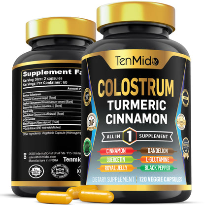 Tenmido Colostrum Supplement - 8in1 Formula - Combine with Turmeric, Ceylon Cinnamon, Quercetin, Royal Jelly, Dandelion, L- Glutamine, and Black Pepper - Digestive Health Support - 120 Capsules TenmidoBuy Supplements Australia