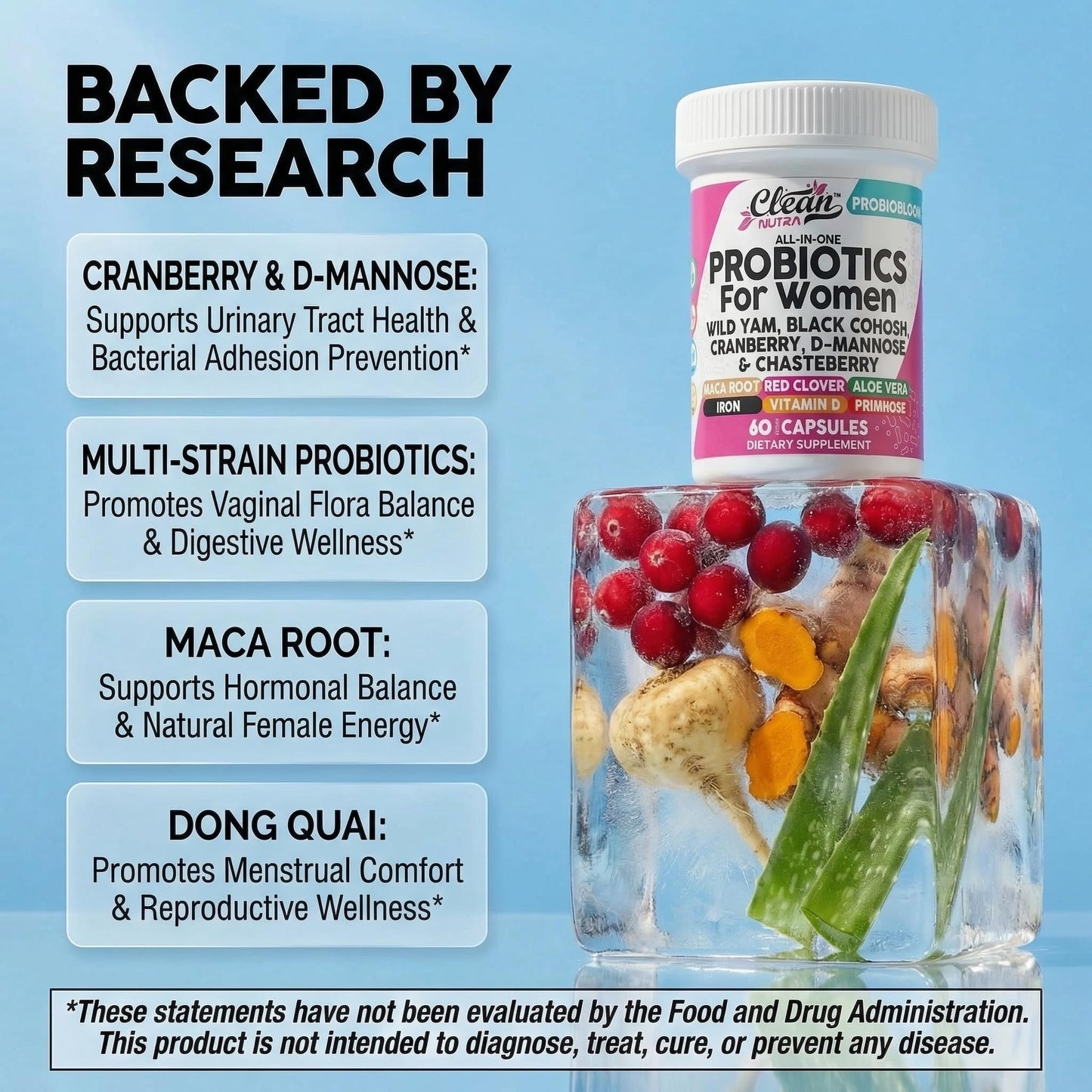Clean Nutraceuticals Probiotics for Women with D Mannose, Cranberry Extract, Wild Yam, Chasteberry - 20 Probiotic and Prebiotic Strains - PH Balance, Womens Probiotic for Digestive Health - 60 Count Clean NutraceuticalsBuy Supplements Australia