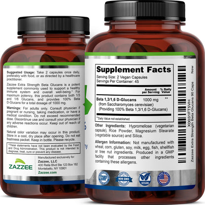 Zazzee Extra Strength 1,3/1,6 Beta Glucans, 1000 mg, 100% Concentrated, 90 Vegan Capsules, Supports a Healthy Immune System, 100% Vegetarian, All-Natural and Non-GMO ZazzeeBuy Supplements Australia