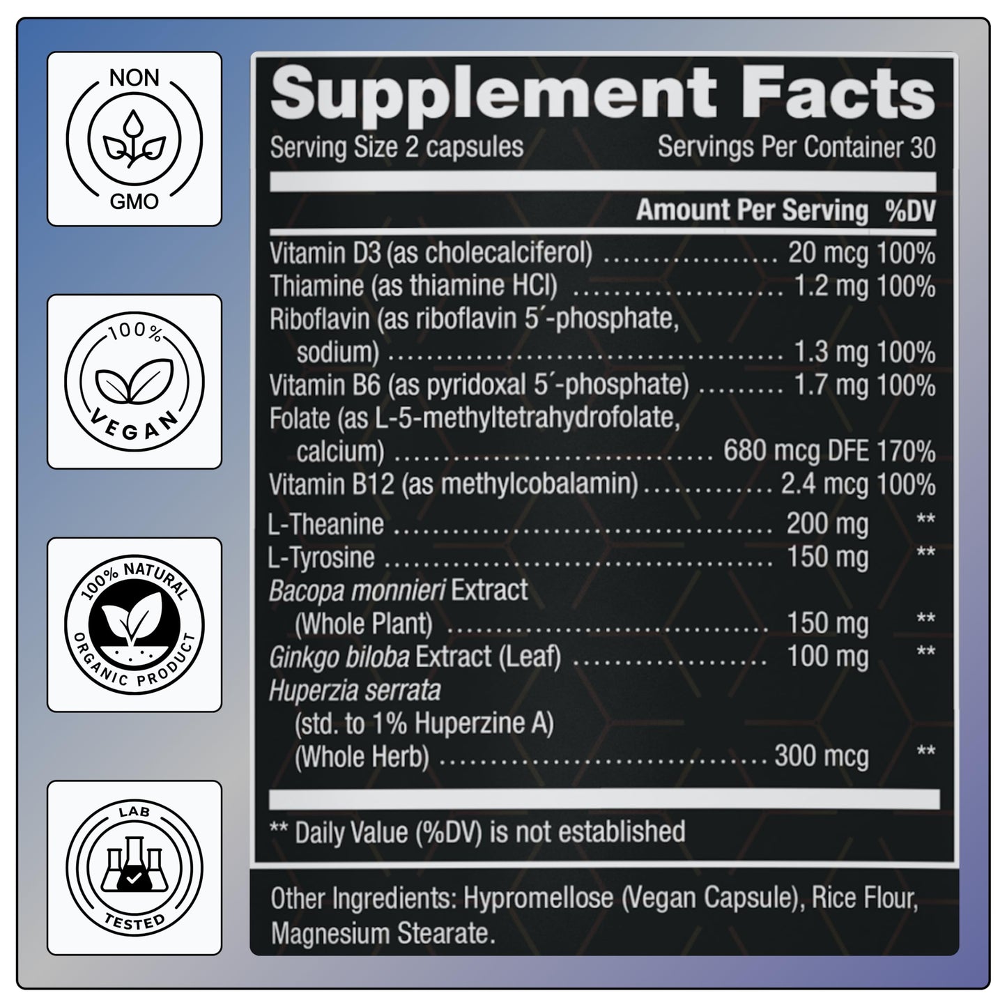 11-in-1 Supplement: Supports Memory & Cognition - 100mg Ginkgo 150mg Bacopa 300mcg Huperzine 200mg L-Theanine 150mg L-Tyrosine & Bioactive B-Complex