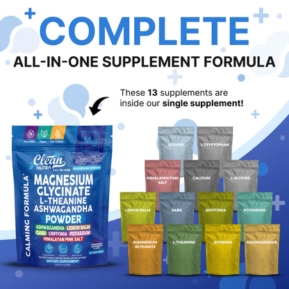 Magnesium Glycinate Powder Supplement + L Theanine Ashwagandha Glycine Apigenin Lemon Balm GABA 5HTP Pink Salt Potassium L Tryptophan Calcium | Powdered Sleep Aid Calm Trace Minerals Vitamin Clean NutraceuticalsBuy Supplements Australia